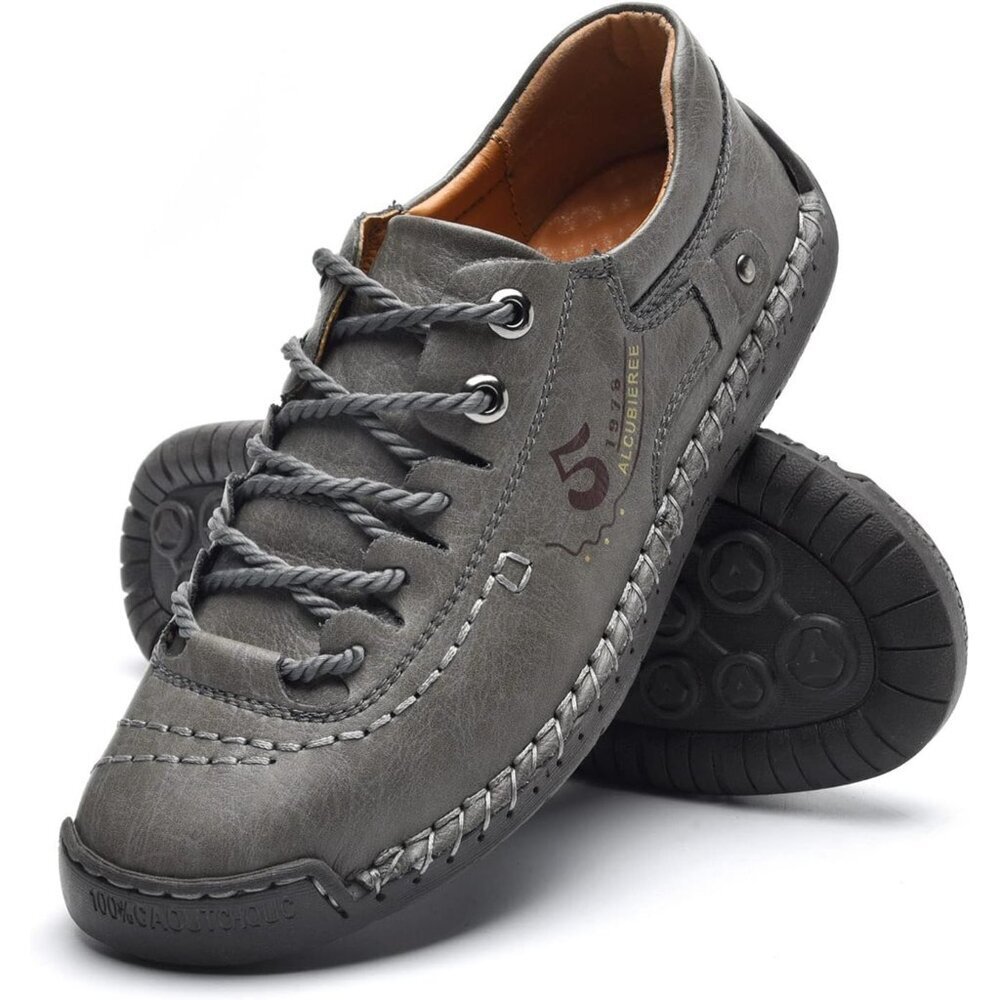 Alcubieree Men Grey Leather Casual Fashion Loafer Driving Rubber Sole Sneakers